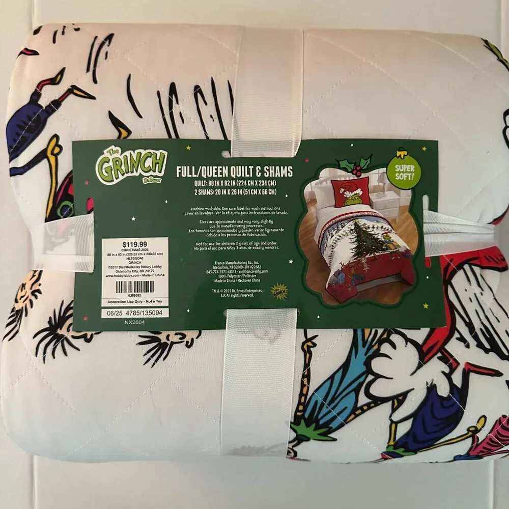 Grinch Full Queen Quilt & 2 Shams Set Christmas Dr Seuss Holiday Bedding NWT